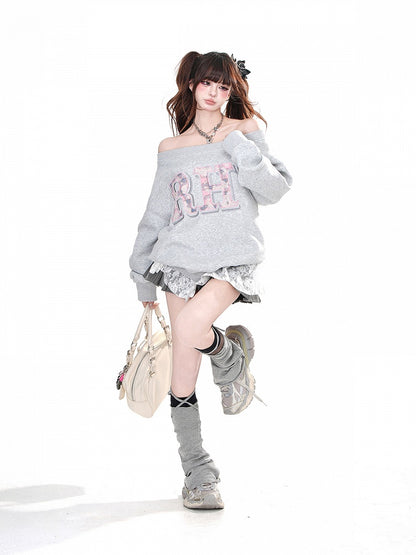 Brown/Gray Off-the-shoulder Neckline Letter Loose Sweatshirt