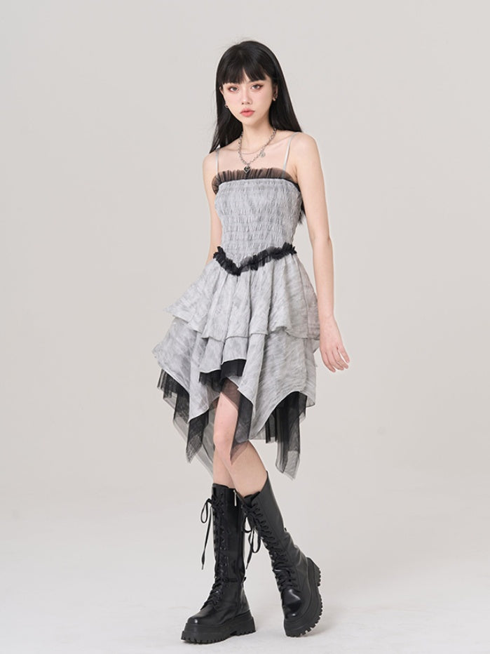 Gray Handkerchief Hem Ruffled Lace Trim Vintage Cami Dress