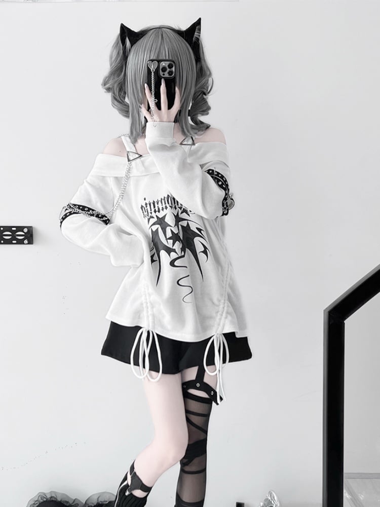White Off-the-shoulder Neckline Drawstring Design Punk Top