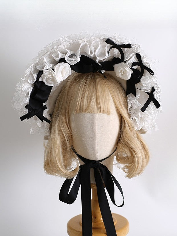 Maid Details Lolita Bonnet Design Floral BlackWhite Trim Bowknot Lace