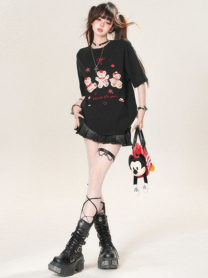 White/Black And Kawaii Daily Applique Bear Embroidery T-shirt Letter Firework