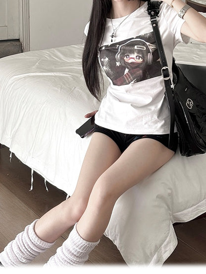 White Round Neck BJD Doll Print Vintage T-Shirt