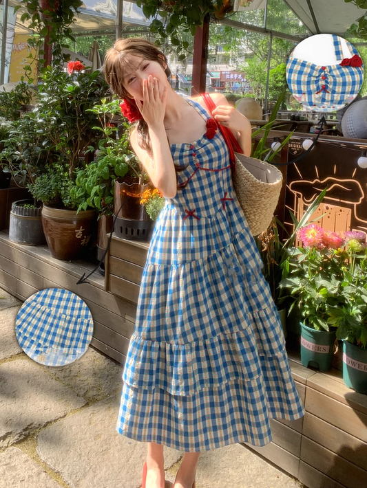 Blue Allover Halter Floral Print Holiday Neck Plaid Dress Sweet