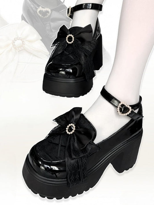 Bow High Block Kei Jirai Top Black Beaded Platform Heels Sole PU Decor with