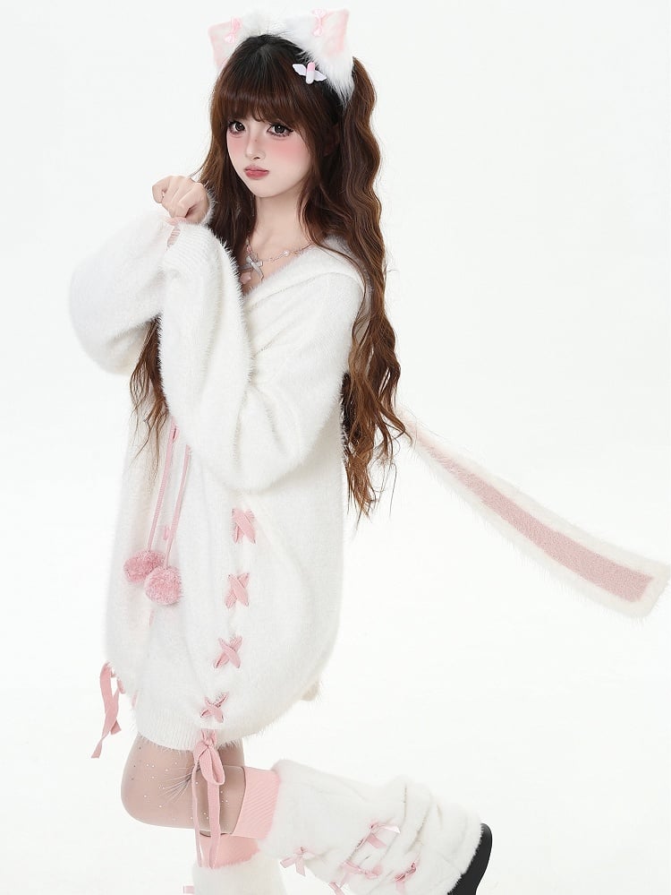 White Bunny Ears Design V-neck Hooded Loose Cardigan Lace-up Detail