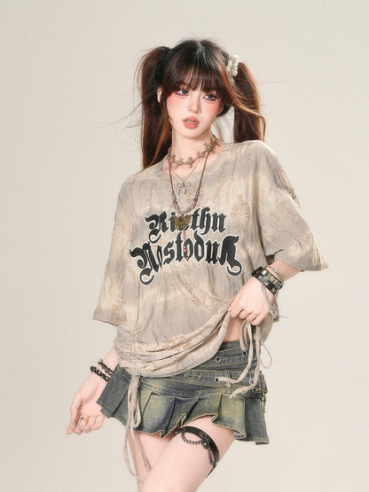 Loose Apricot Letter Print Drawstring Waist Distressed Holes T-Shirt