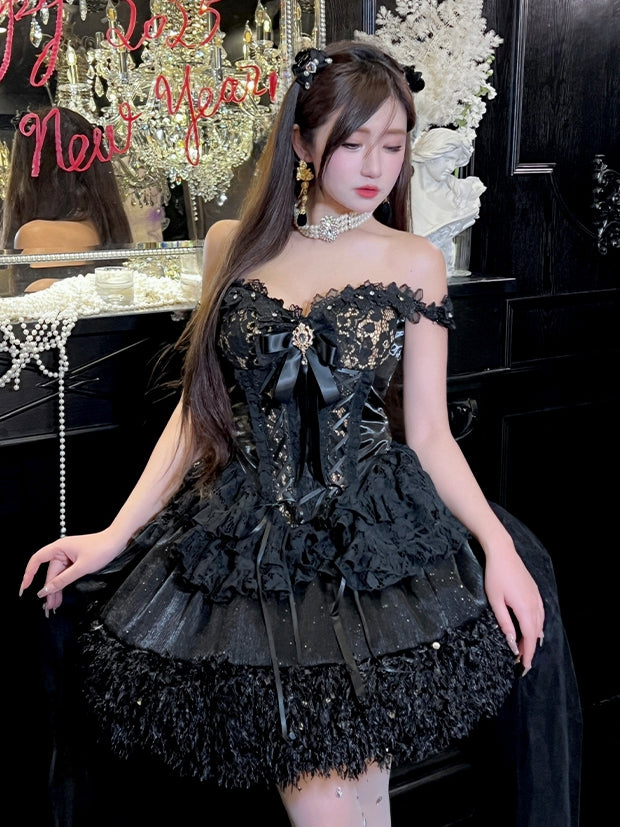Black and Gold Strapless Sweetheart Neckline Corset Top + Shimmering Black Sequins Skirt