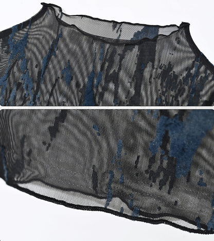 Mesh Bell Grunge and Fairycore Black Rock Punk Blue Sleeves Top
