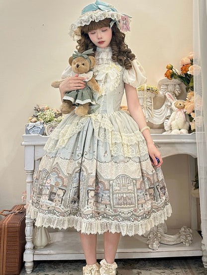 Green / Beige Boned Waist Teddy Sweet Lolita Jumper Skirt