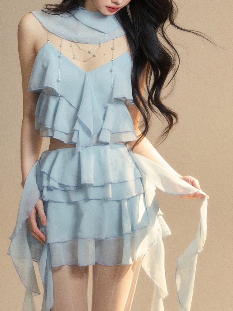 Blue Chiffon Tiered Skirt Mini Asymmetrical Ruffled Hem Slim-fitting