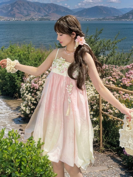Ombre Style Spaghetti Strap Dress Empire Pink Waist Strawberry Embroidery Cheongsam