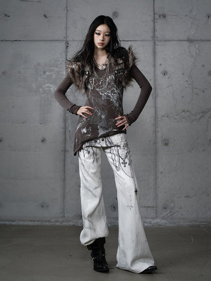 with Chain Studs Print Punk Cross Pants Button-Up Wide-Leg Fly White