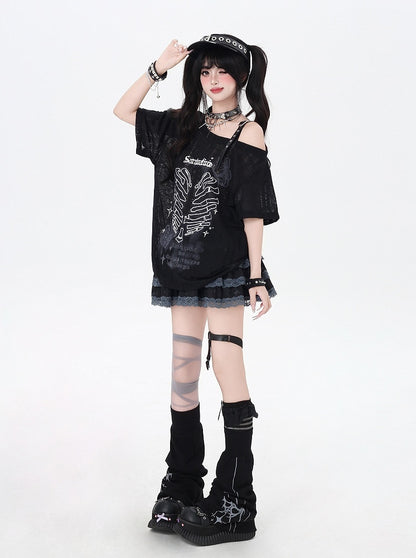 Y2K Asymmetrical Neckline Skeleton Heart Print Black/Gray/White T-Shirt
