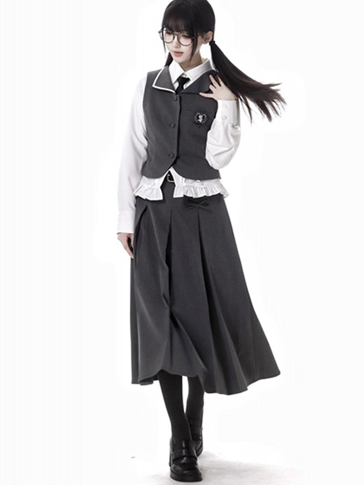 White Bowknot Details Ruffle Trim Shirt With A Tie