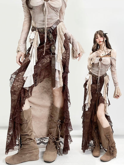 レースミラードファッションアシンメトリーデザイングラマラスヘムサイハイハイロースカートブラウントリムスリット