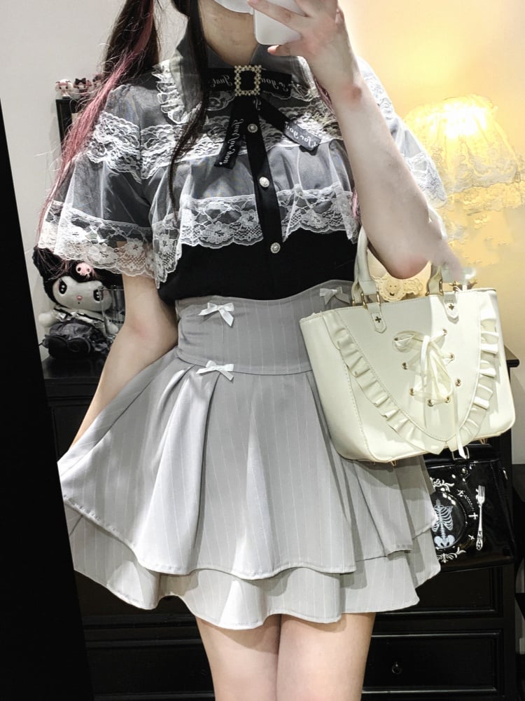 Bowknot Details Tiered Striped Skirt Jirai Kei Black/Pink/Blue