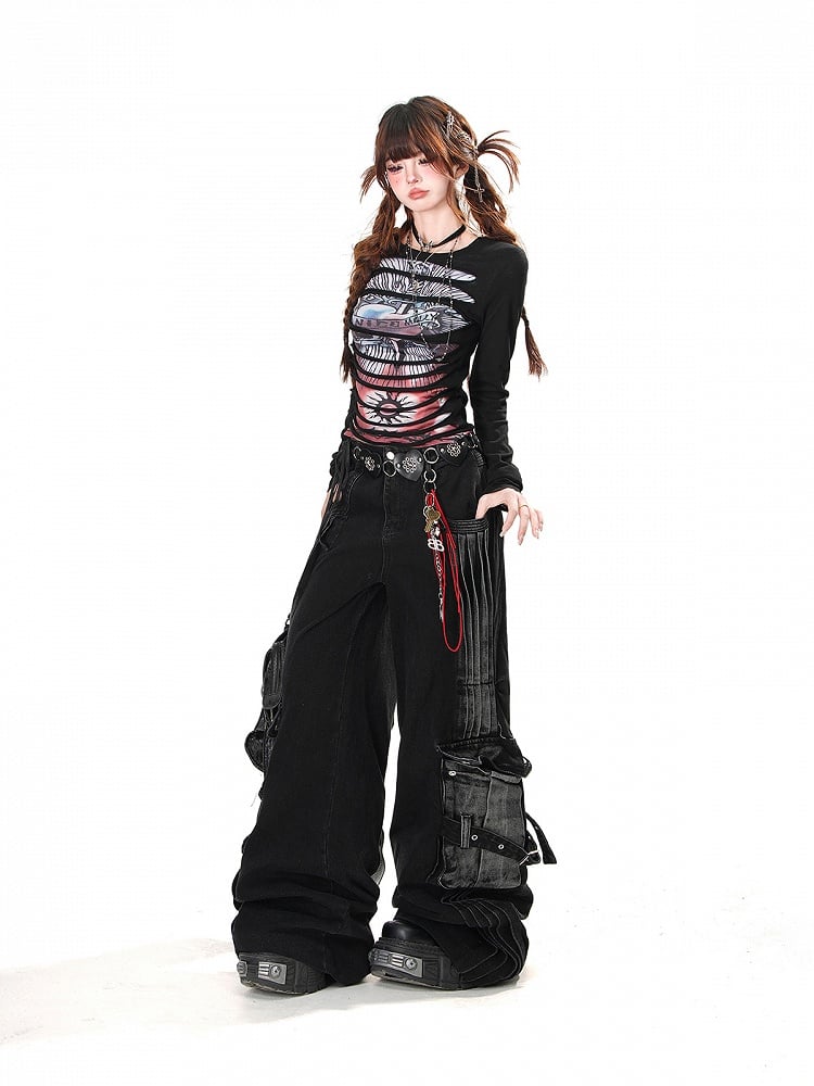 Pockets Black Wide-Leg Jeans Faded Wash Cargo Loose Acubi Fashion