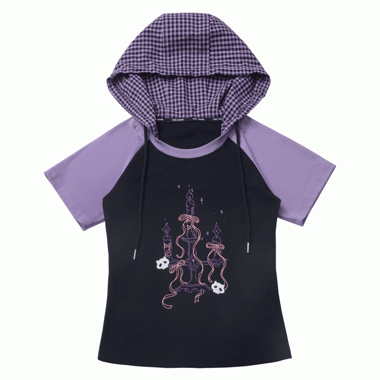 Plaid Hood Graphic T-Shirt Black  Purple Colorblock Design