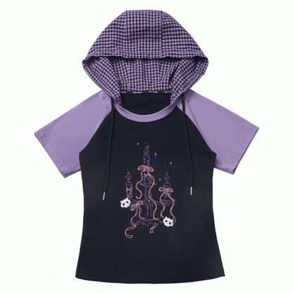 Plaid Hood Graphic T-Shirt Black  Purple Colorblock Design
