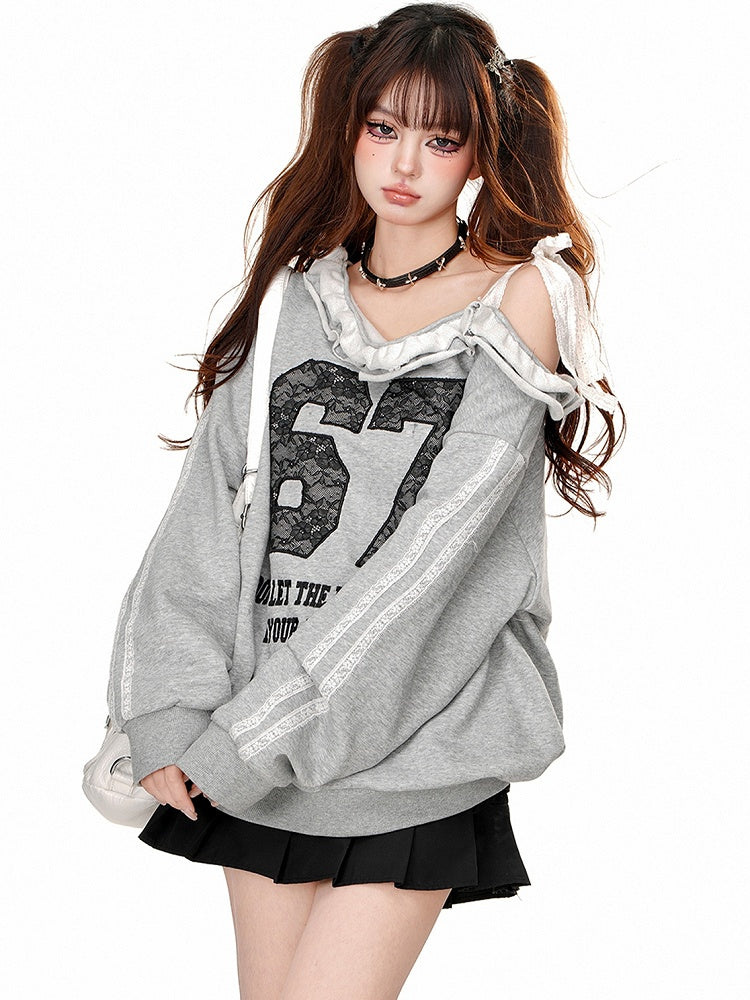 Black/Grey Lace Appliques Asymmetrical Neckline Sweatshirt