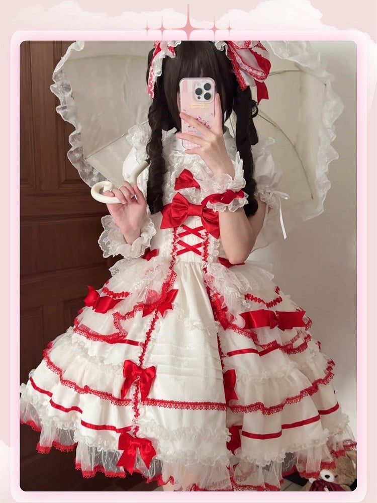 Rock Schleife Süße Prinzessin Akzente Rot Lolita Weiß und Pullover