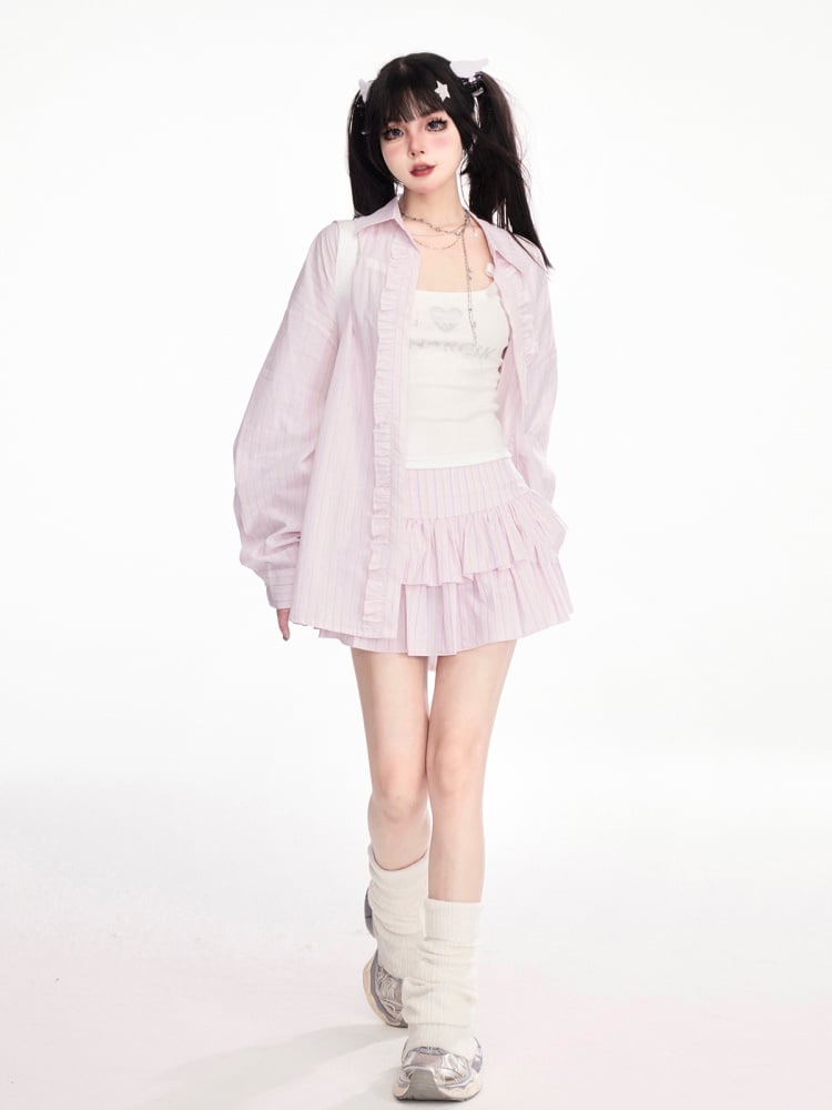 ウエストティアードストライプスカート ピンク ロー