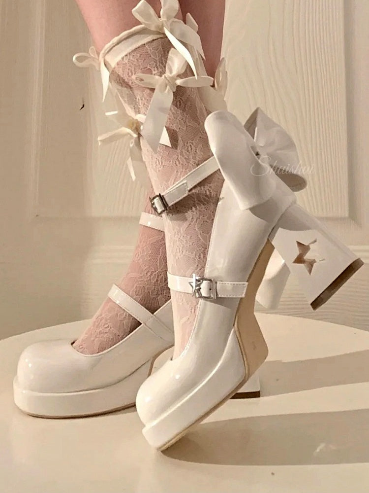 with Astral Platforms Back Bow Cut-Outs Themed Y2K Block and - Celestial Heels White