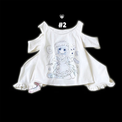 Yami Kawaii Cartoon Print Cutout Shoulder White Jirai Kei T-shirt
