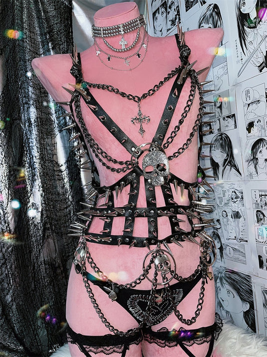Schwarzes Punk-PU-Harnisch mit Skelett-Nieten-Detail