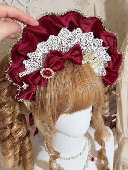 Wine Velvet Red/Black + Matte Bonnet 4 Bowknot Brooches Trim Lace