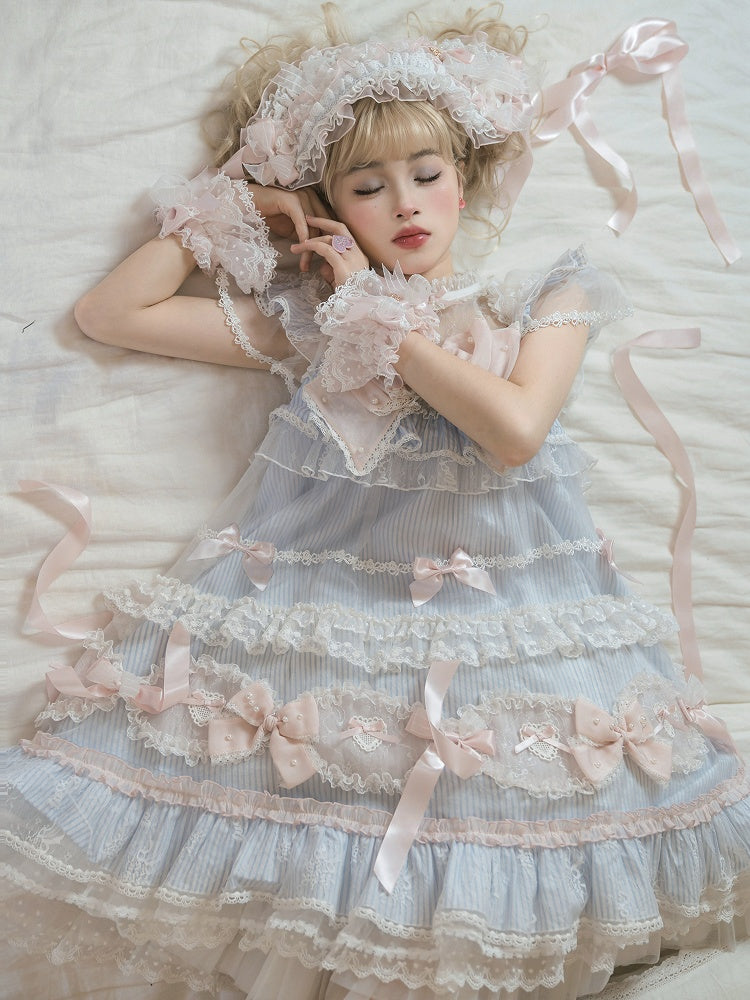 Gestreiftes Schleifenmuster Süß verziertes Kleid Lolita Blau Rosa