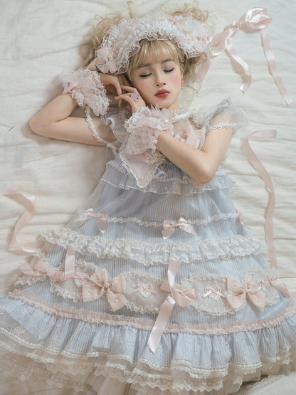 Gestreiftes Schleifenmuster Süß verziertes Kleid Lolita Blau Rosa