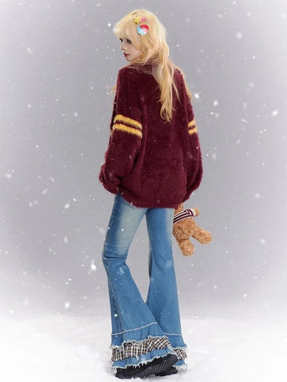 Blue Plaid Patchwork Cuffs Fishtail Jeans