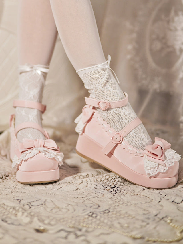 Top Heart Platforms Buckles at Bow Baby Pink Trim Lace