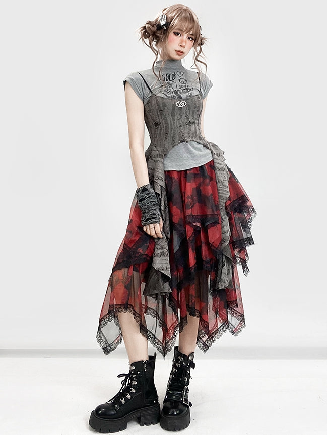 Tie Red Trim Lace Hem Y2K Skirt Handkerchief Dye Tiered