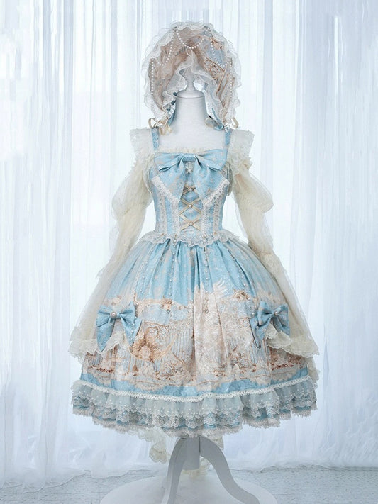 mit Rockkleid, klassisch, elegant, Einhorn, Lolita, Perlenkettendruck und blauer Taillenüberzug