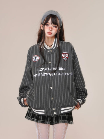 Gray White Stripe Embroidery Baseball Jacket