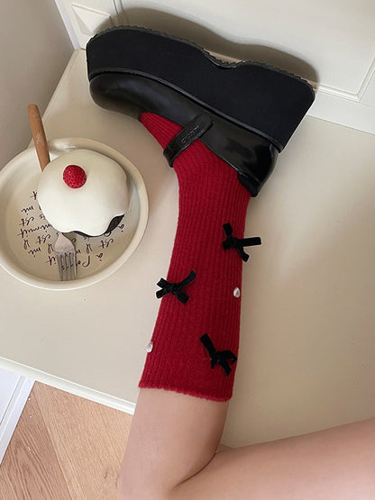 White Lolita Bowknot Heart Calf Socks