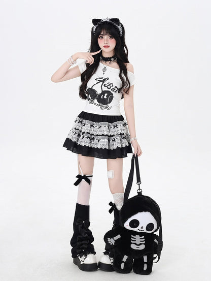 Heart Black/White T-Shirt Asymmetrical Neckline Cherry Print Studded