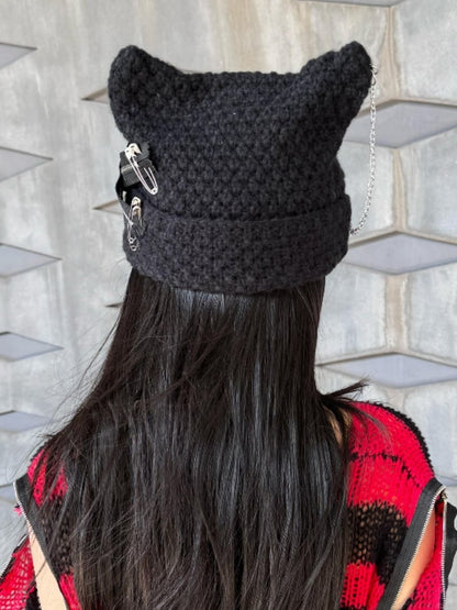 Black Y2K Punk Cross Knit Hat