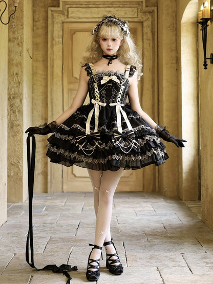 Bead Black Princess Decorated Dress Bows Lolita Tiered Skirt Chain
