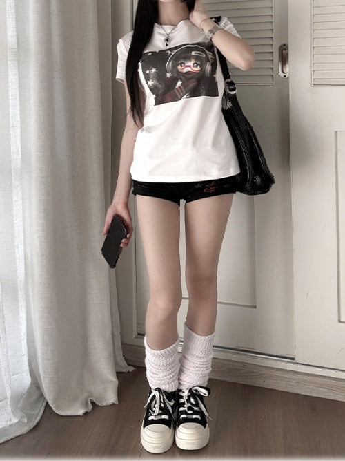 White Round Neck BJD Doll Print Vintage T-Shirt