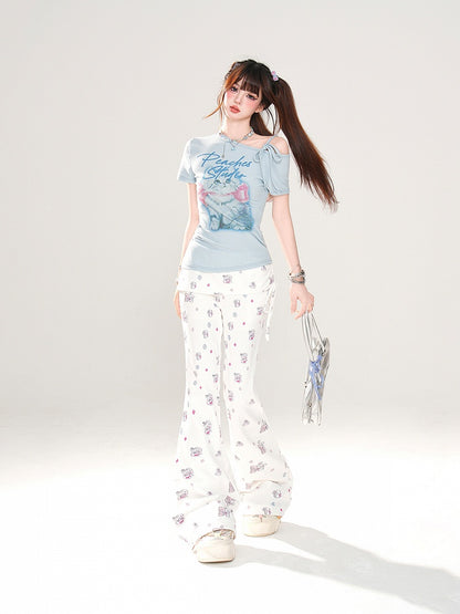 Adorable Bear and Bunny Print Drawstring Design Side White Glamorous Flared Pants