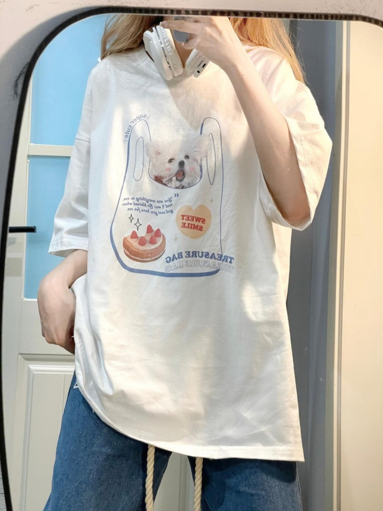 White Cute Puppy Print Graphic T-shirt