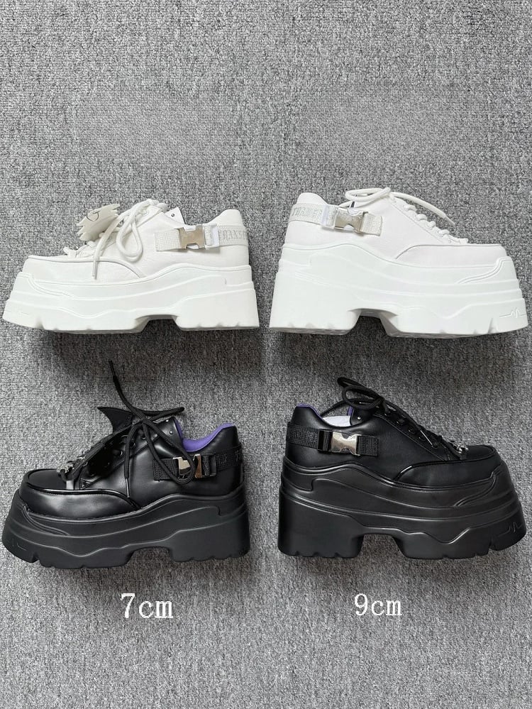 Punk Heart PU Accents Lace-Up Black Sneakers Bat - Design Wings Detachable with Platform