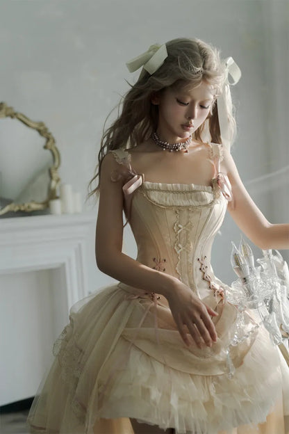 Champagne Lace-up Details Boned Corset Top + High-low Layered Lolita Skirt