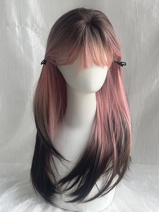 Pink-black Ombre Under Bust Length Straight Synthetic Wig With Bangs