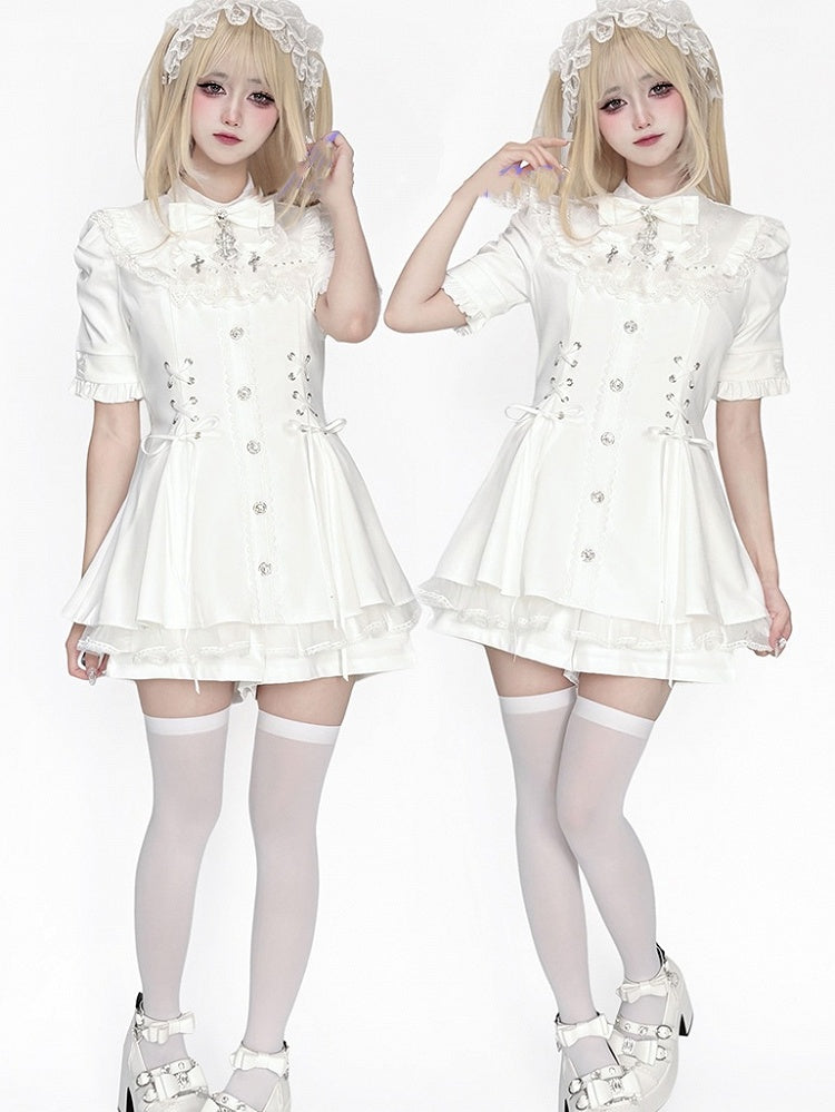 Bow Short Tie Bib Detachable Kei with Dress All-White Jirai Set Sleeve