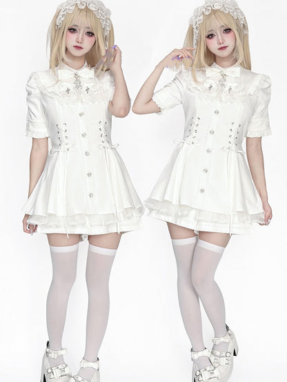 Bow Short Tie Bib Detachable Kei with Dress All-White Jirai Set Sleeve