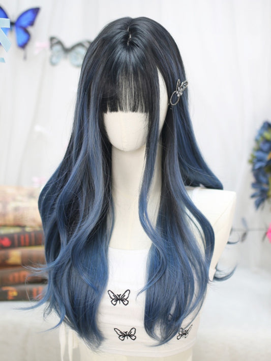 Blue and Black Highlight Under Bust Length Wavy Wig with Air Bangs